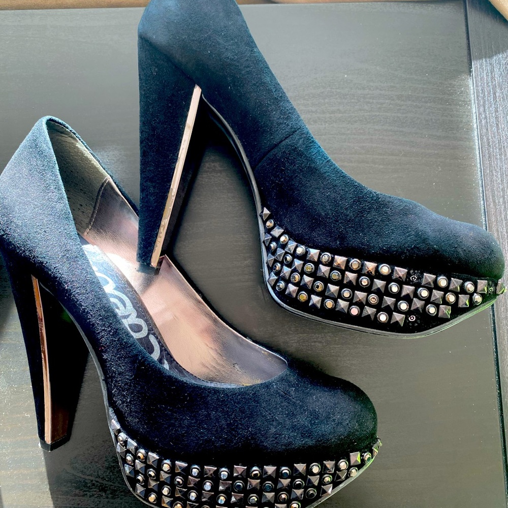 Sam Edelman York Mob Wife suede jeweled platform heels; size 8 1/2; black